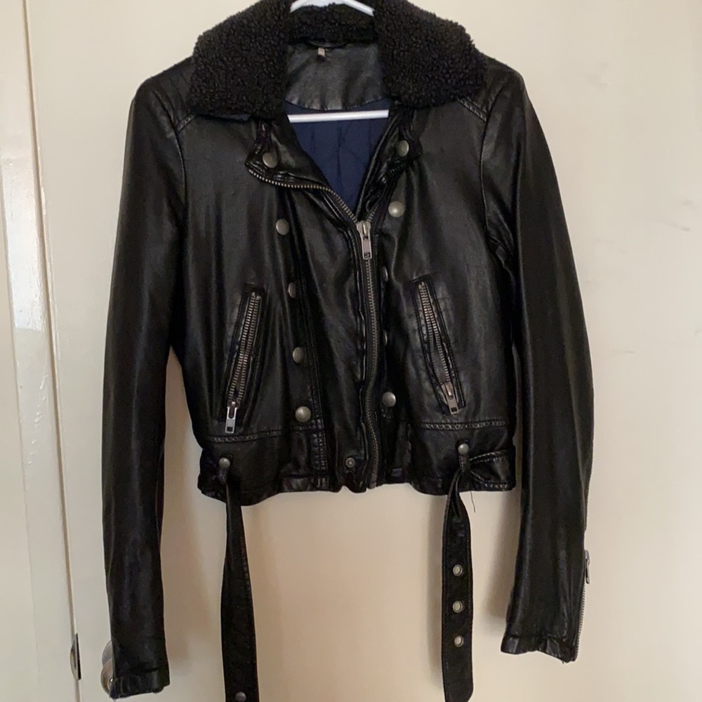 Free people black vegan leather moto jacket with removable Sherpa collar